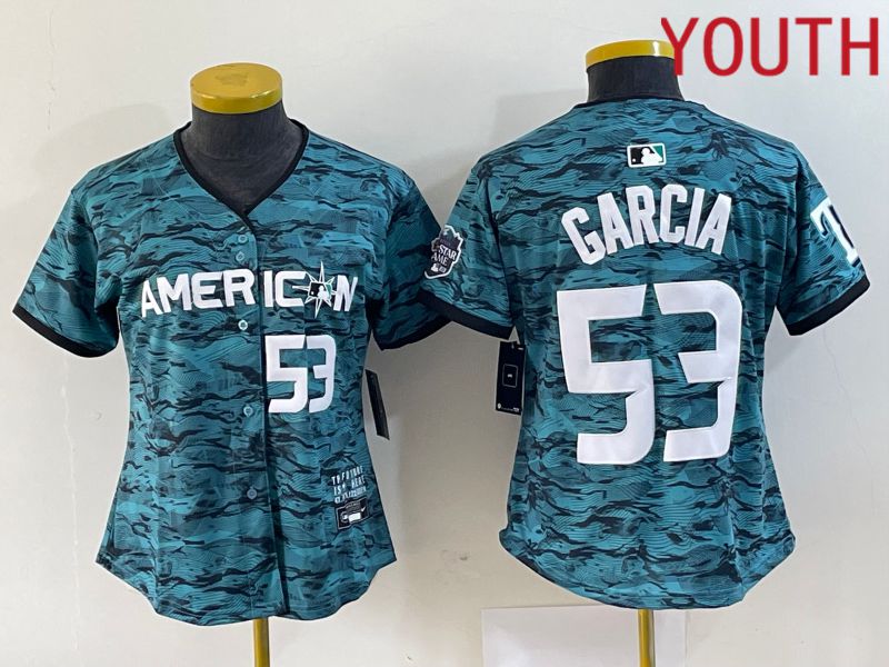 Youth Texas Rangers 53 Garcia American League Nike Green 2023 MLB All Star Jersey